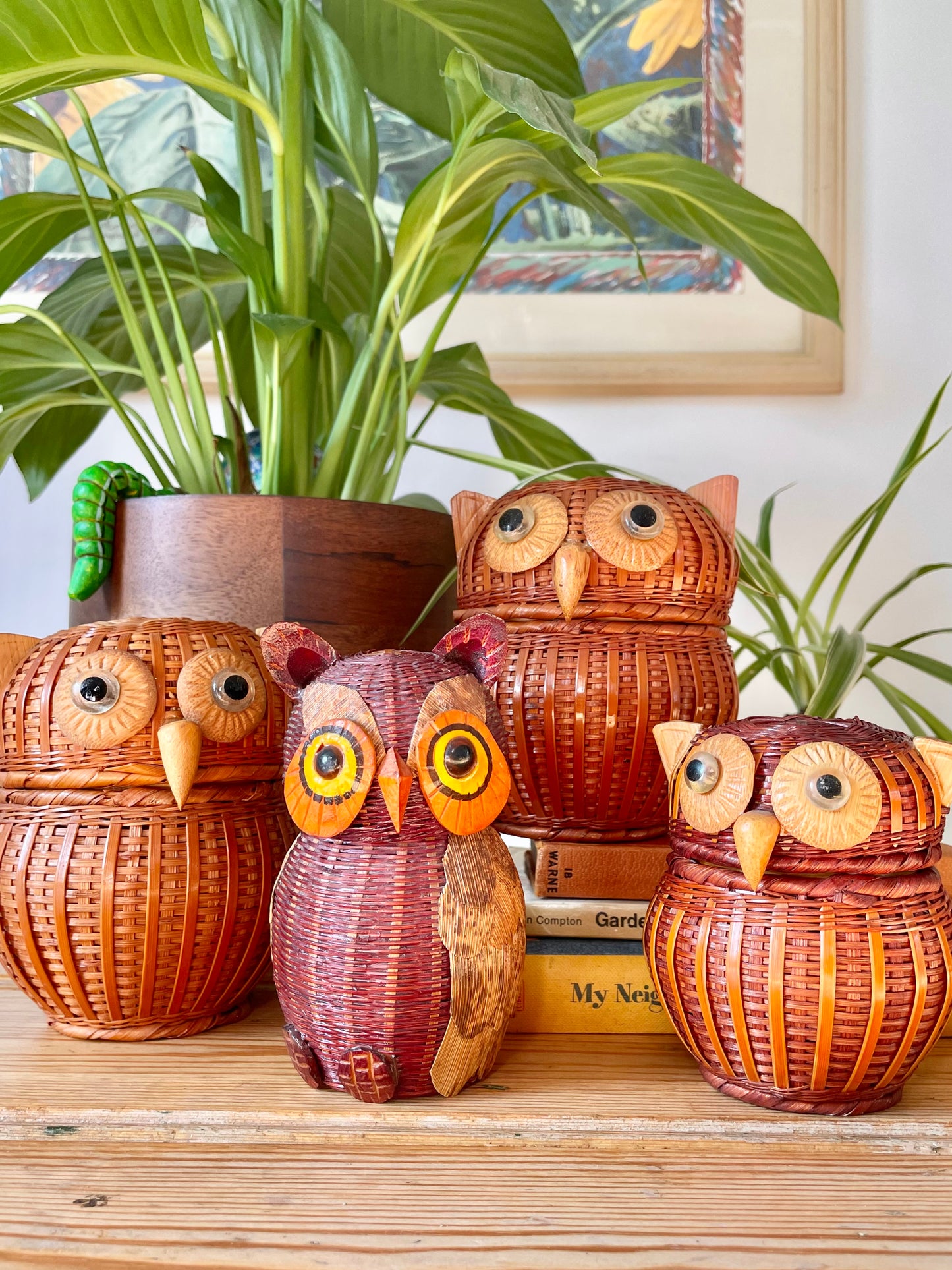 Kitsch 1970s Rattan Owl Basket