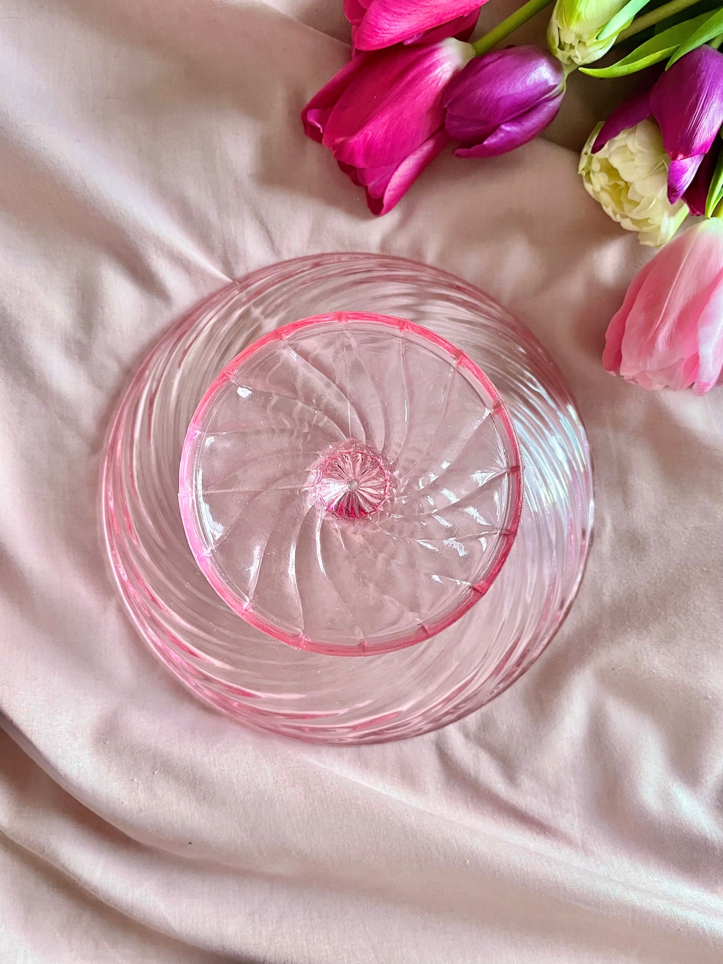Hand blown Pink Swirled pedestal bowl