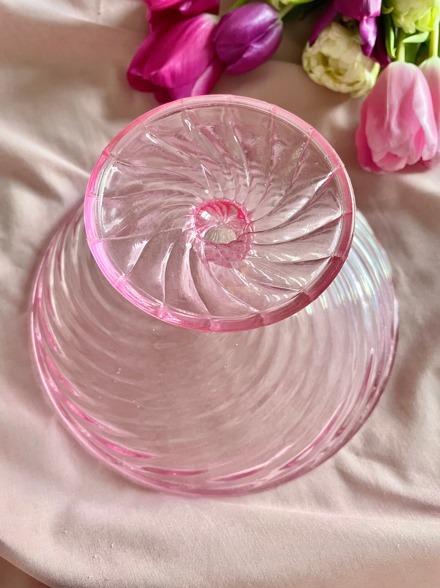 Hand blown Pink Swirled pedestal bowl