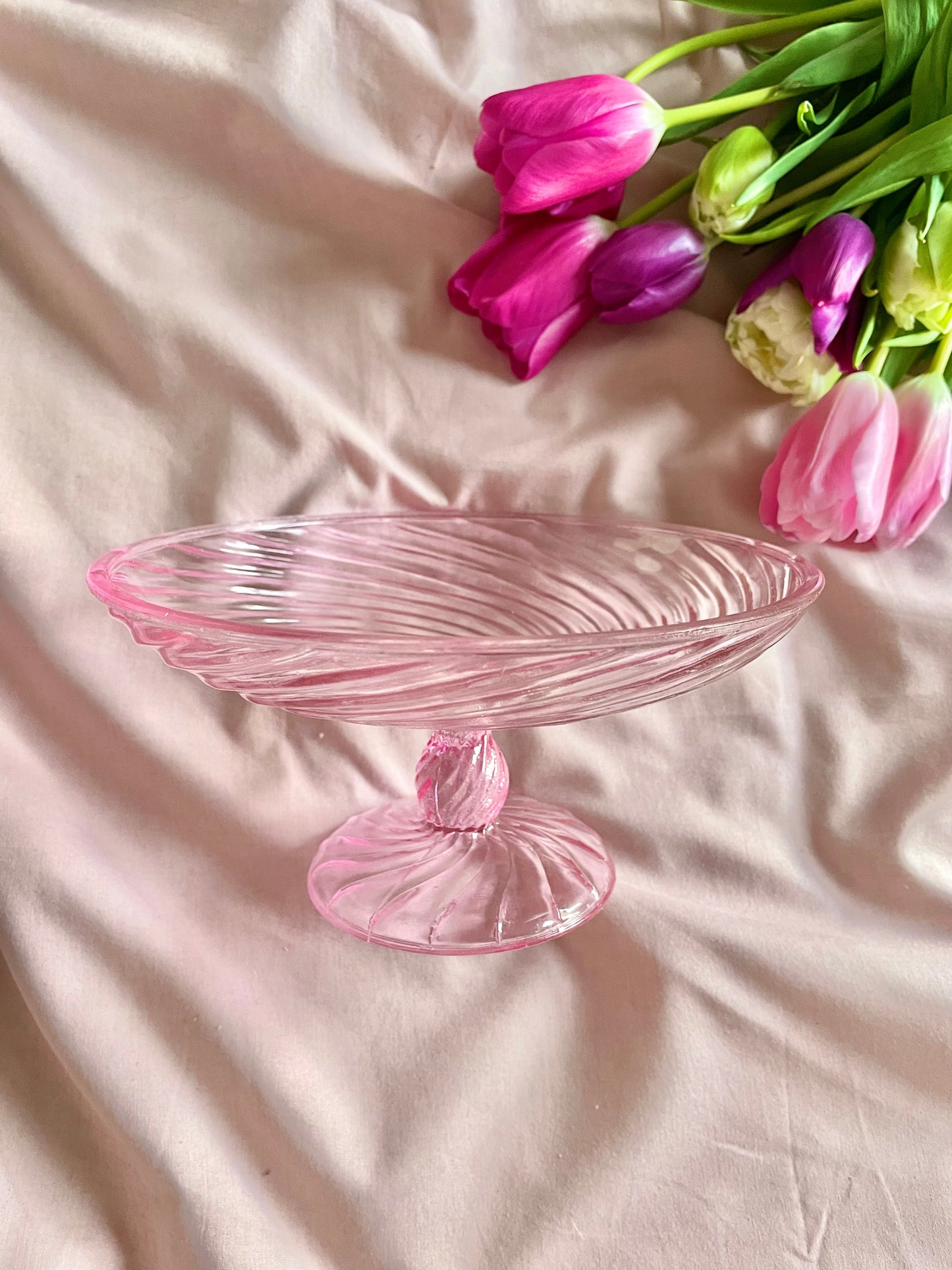 Hand blown Pink Swirled pedestal bowl