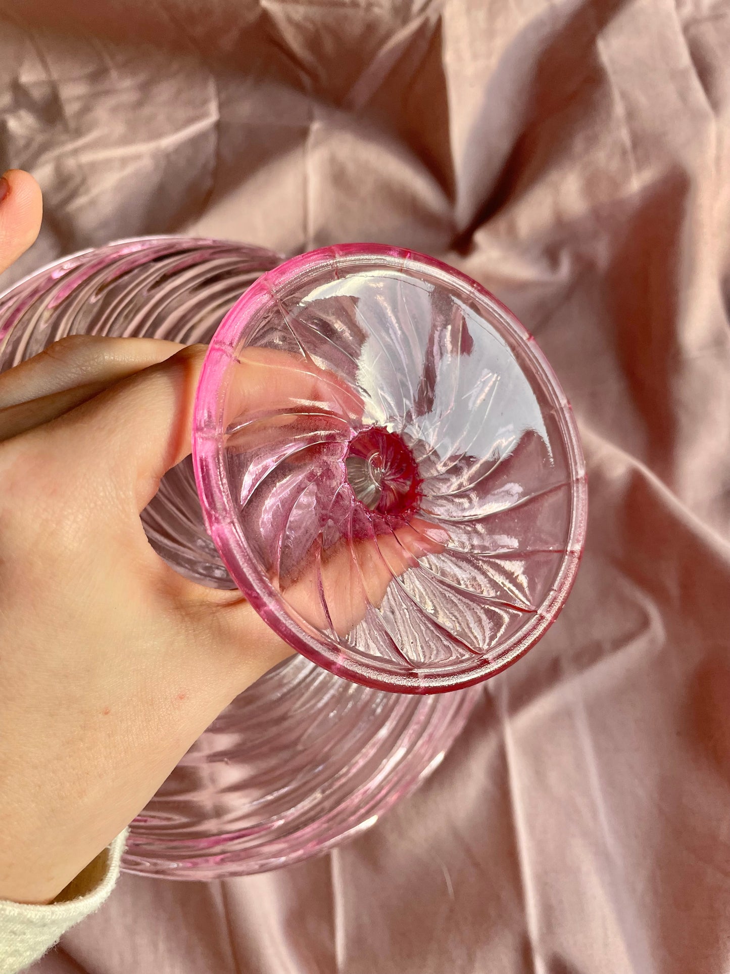 Hand blown Pink Swirled pedestal bowl