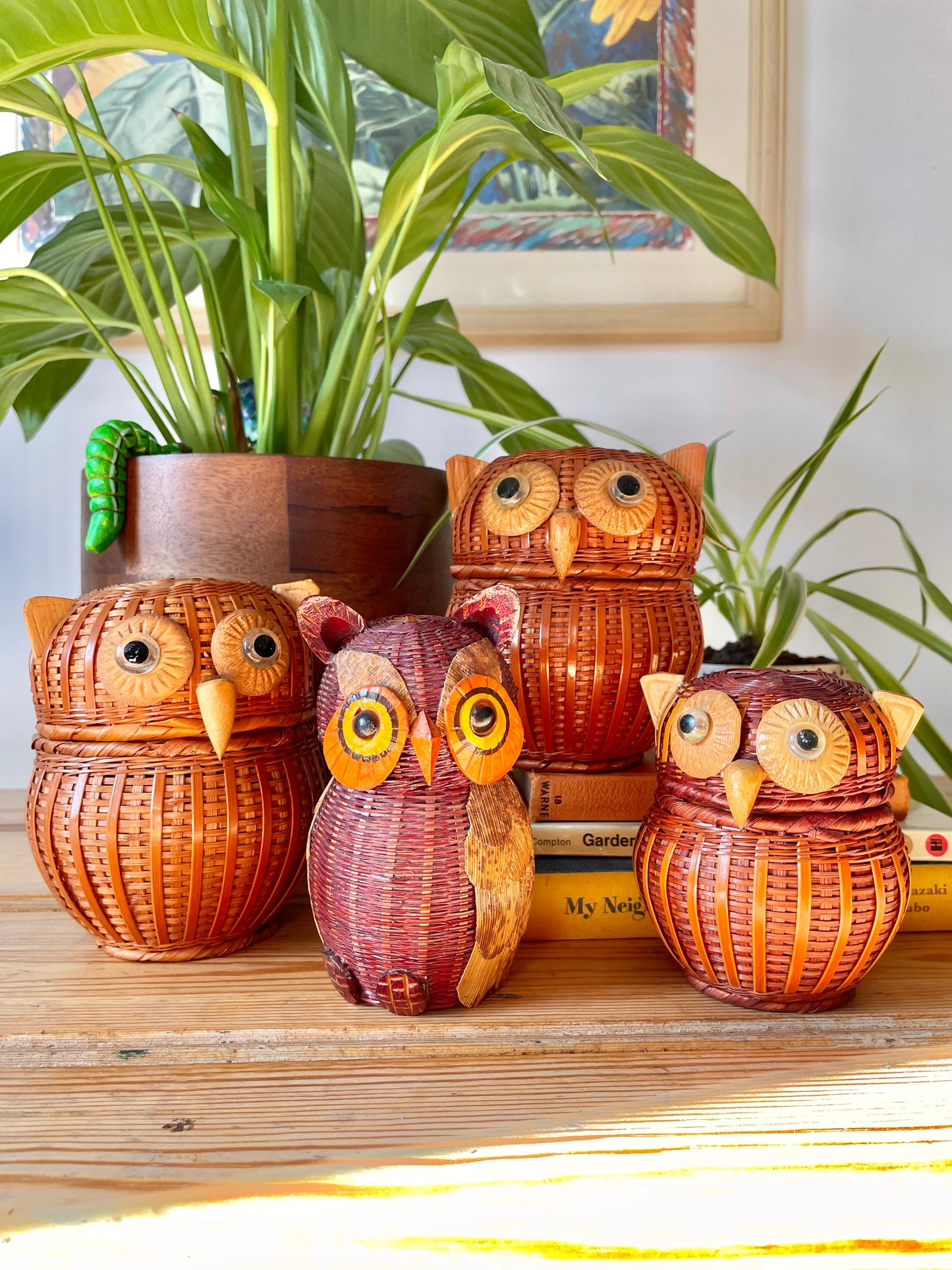 Kitsch 1970s Rattan Owl Basket